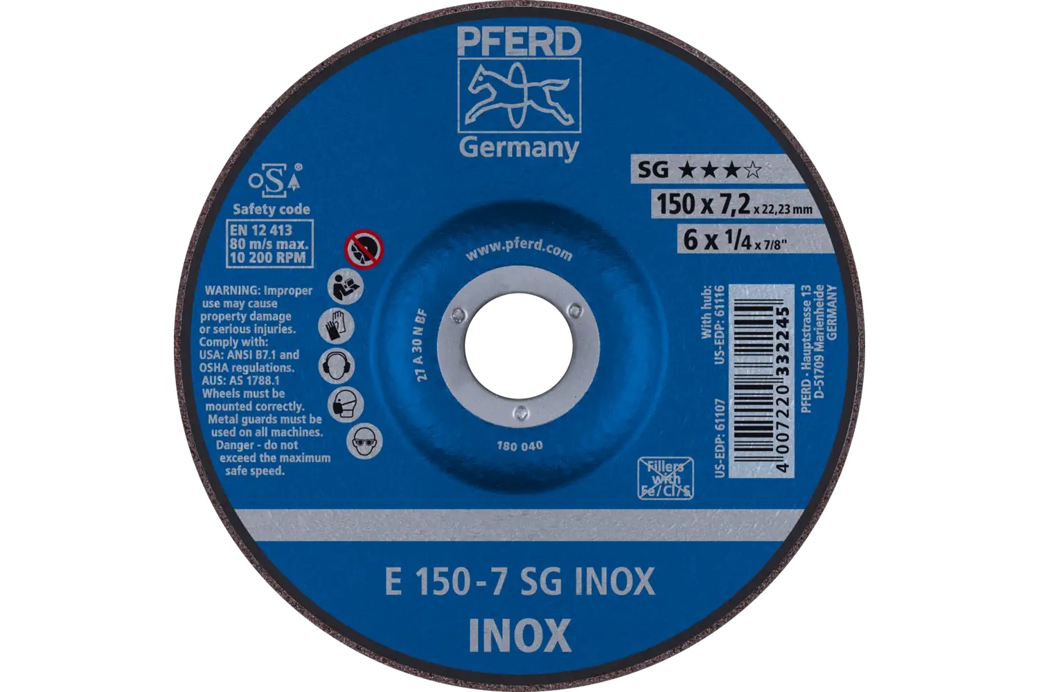 Picture of Pferd Grinding Wheel, 6" X 1/4 X 7/8, Sg Inox, T27, Aluminum Oxide